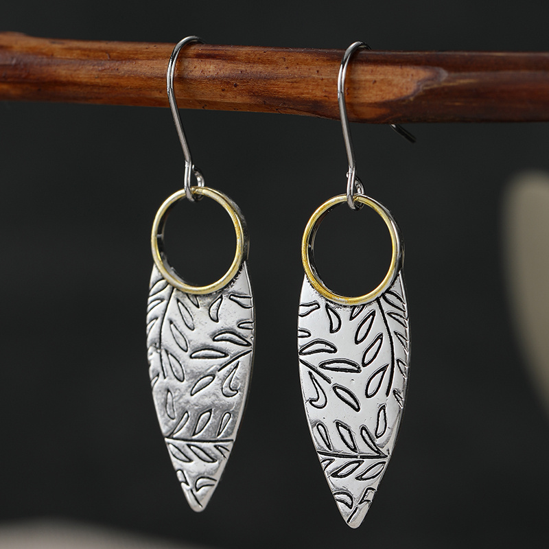 Women's Vintage Botanical Leaf Dangle Earrings, Two-Tone Teardrop